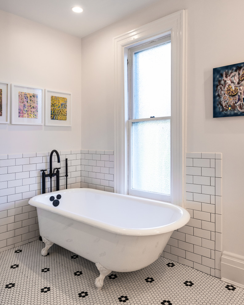 Inspiration for a mid-sized timeless master white tile and subway tile white floor and double-sink claw-foot bathtub remodel in Richmond with flat-panel cabinets, light wood cabinets, white walls, quartz countertops, white countertops and a floating vanity