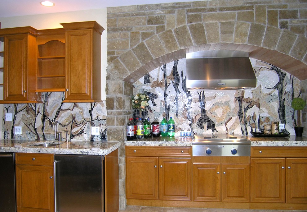 Kitchen photo in Chicago with glass tile backsplash