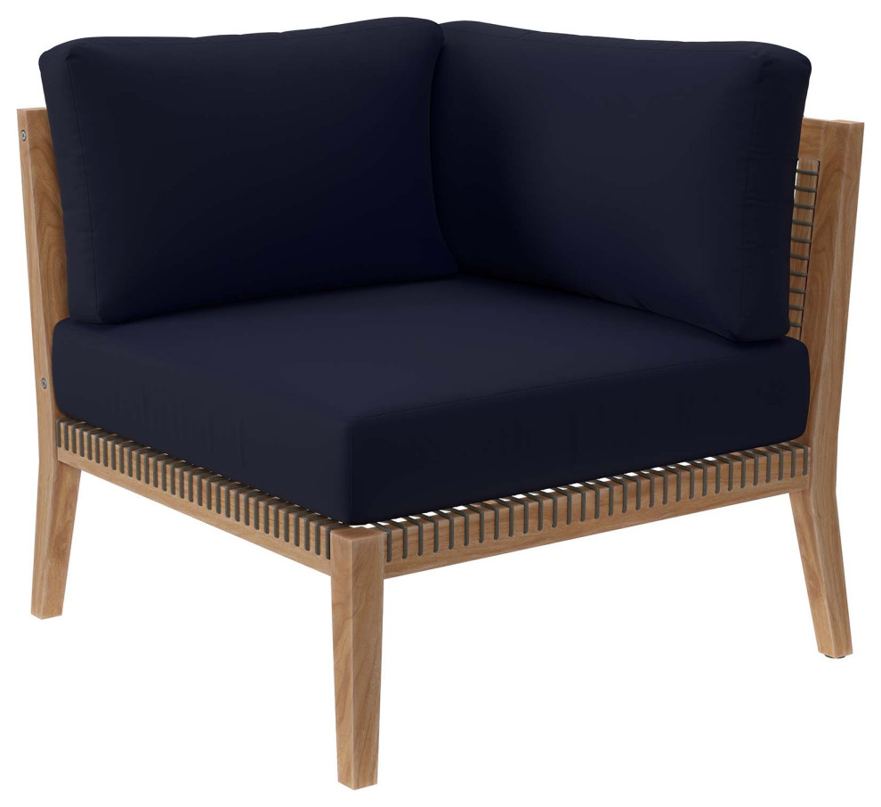 Clearwater Outdoor Patio Teak Wood Corner Chair, Gray Navy Beach Style Outdoor Lounge Chairs
