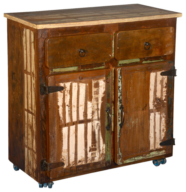 Rolling Rustic Reclaimed Wood Kitchen Storage Cabinet