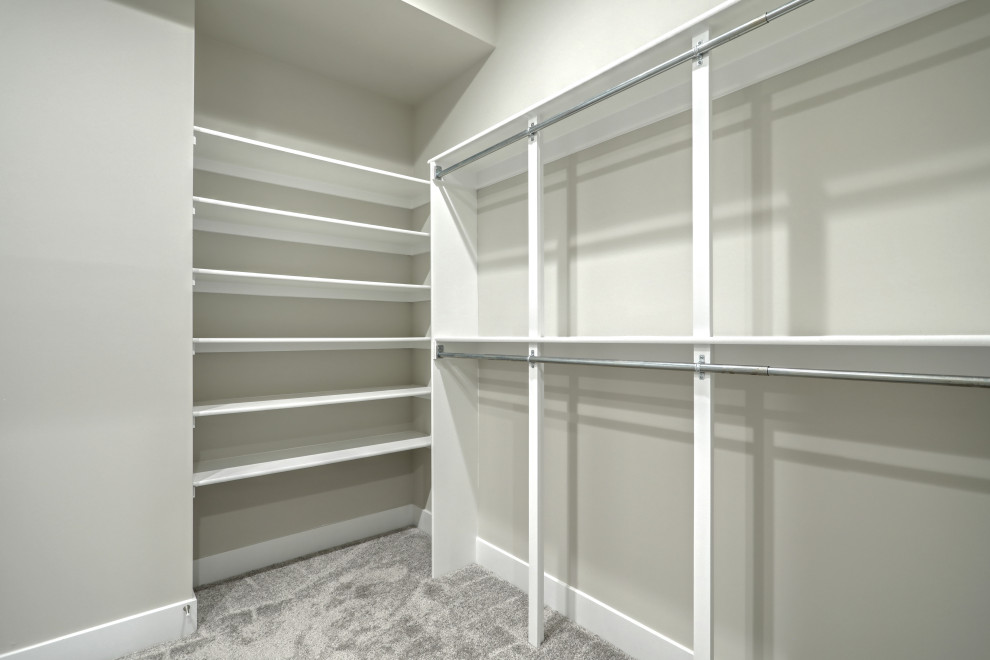 Design ideas for an expansive midcentury gender-neutral walk-in wardrobe in Other with carpet and grey floor.