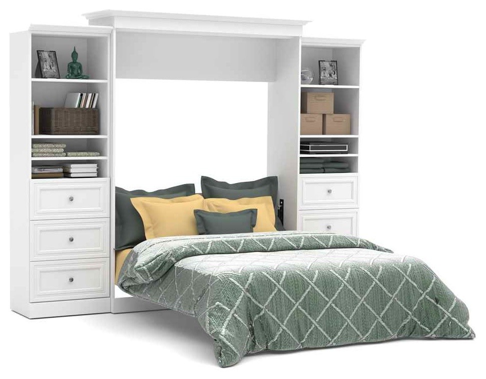 Queen Wall Bed and Storage Units with Drawers in White