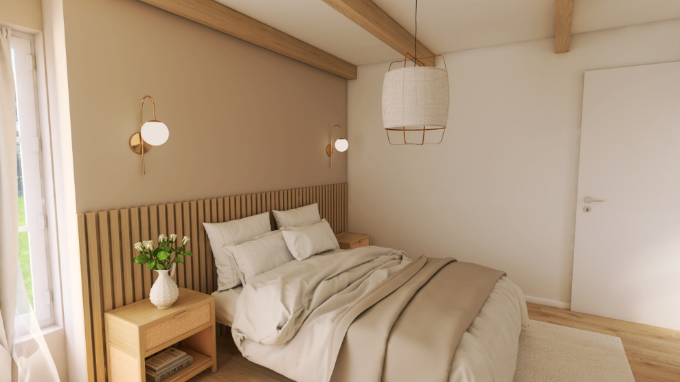 Imagen de dormitorio principal y beige y blanco nórdico pequeño con paredes rosas, suelo laminado, suelo beige y vigas vistas