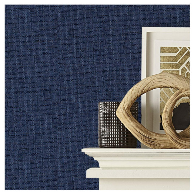 Faux Grasscloth Weave Peel and Stick Wallpaper, Navy and Indigo