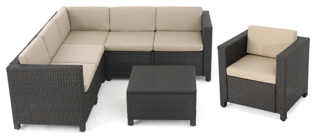 Pueblo Outdoor Wicker V Shaped Sectional Sofa Set With Club Chair Pueblo Outdoor Wicker Sectional Sofa Set Dark Brown And Beige