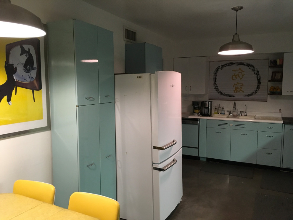 Refrigerator sticks out to far past vintage metal Geneva pantries