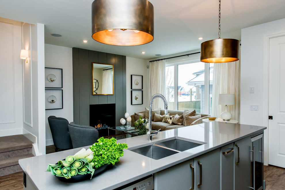 Eat-in kitchen - mid-sized transitional dark wood floor eat-in kitchen idea in Calgary with an undermount sink, flat-panel cabinets, gray cabinets, quartz countertops, stainless steel appliances and an island