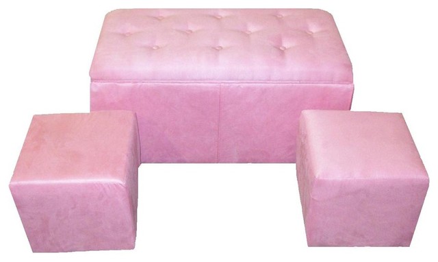 3-Piece Storage Bench and 2 matching Ottomans, Pink