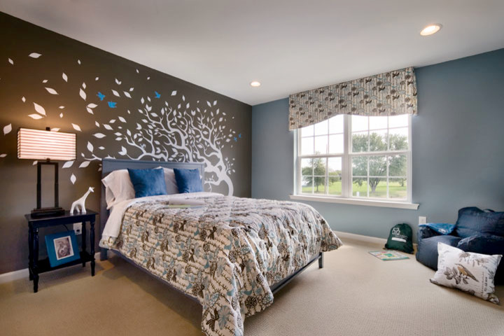 Design ideas for a large transitional kids' room for boys in Philadelphia with blue walls, carpet and brown floor.