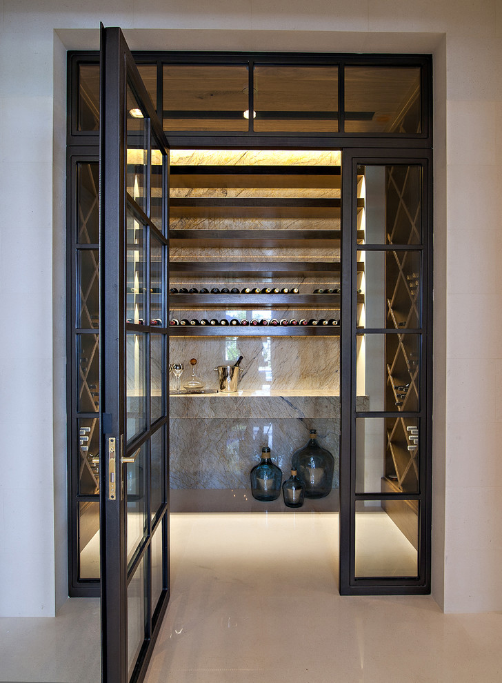 Design ideas for an expansive transitional wine cellar in Miami with porcelain floors, diamond bins and white floor.