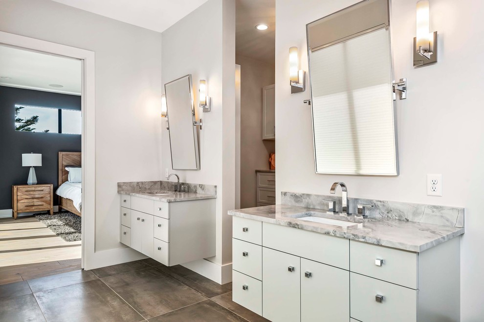Design ideas for an expansive contemporary master bathroom in Orlando with flat-panel cabinets, white cabinets, a curbless shower, a two-piece toilet, black tile, ceramic tile, white walls, mosaic tile floors, an undermount sink, marble benchtops, grey floor, an open shower and multi-coloured benchtops.