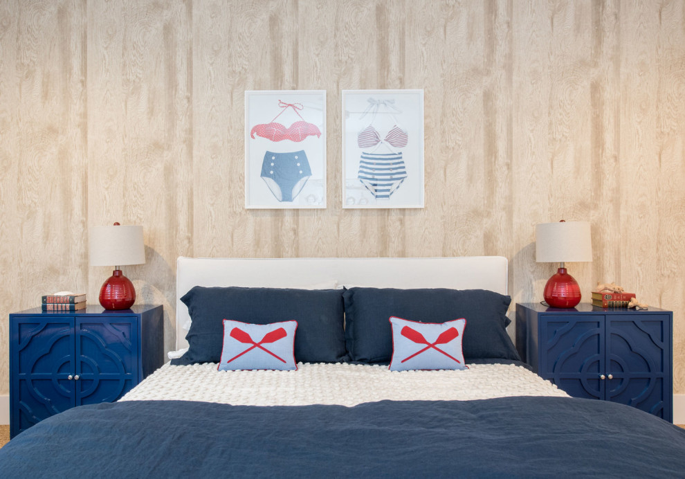 Design ideas for a large beach style guest bedroom in Houston with white walls.