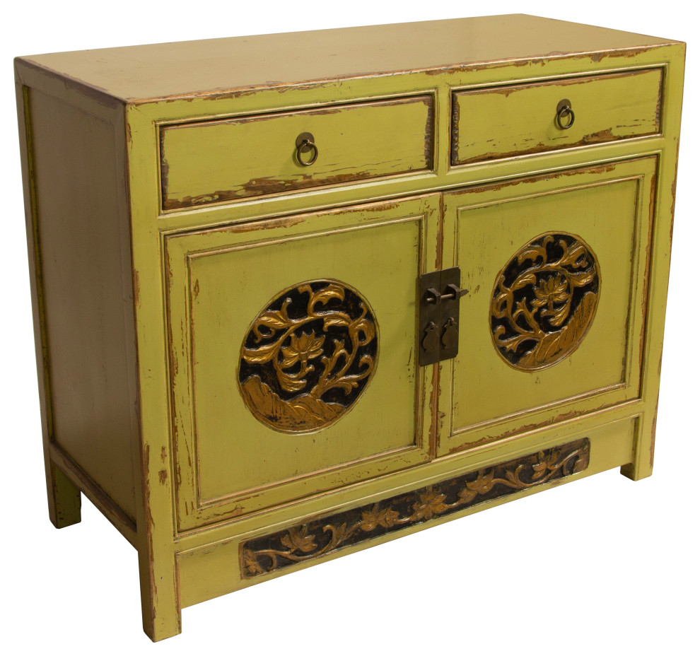 Yellow Mongolian Carved Small Asian Accent Chests And