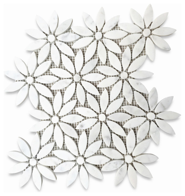 Carrara White Marble Daisy Field Flower Water jet Mosaic Tile Polished