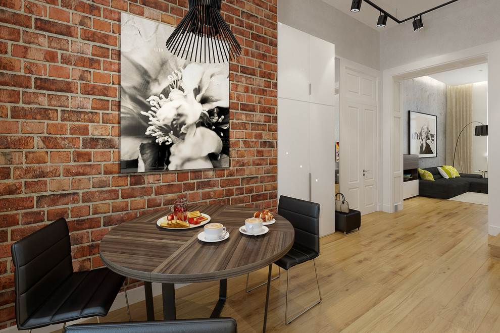 Mid-sized trendy light wood floor eat-in kitchen photo in London with a drop-in sink, flat-panel cabinets, white cabinets and colored appliances