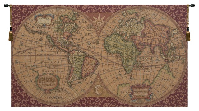 Old Map of the World Red Tapestry Wall Hanging, A - H 25 x W 45