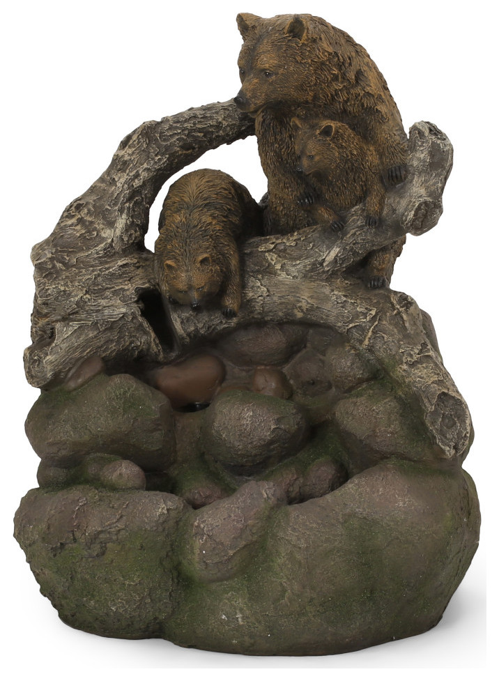 Aza Callan Outdoor Bear Family Fountain, Light Brown and Moss Rustic