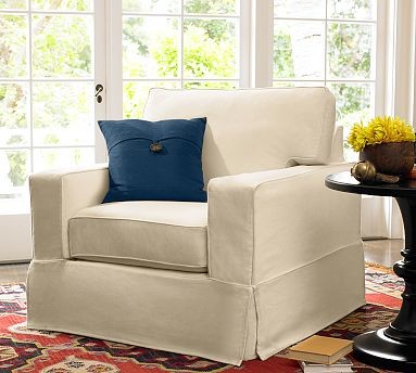 PB Comfort Square Slipcovered Grand Armchair, Knife-Edge Down-Blend Wrap Cushion