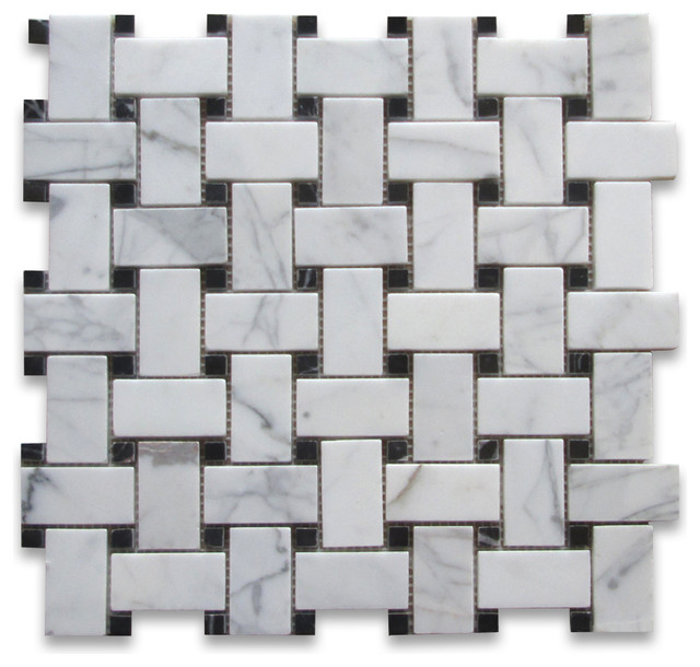 12 X12 Calacatta Gold Basketweave Mosaic Black Dots Honed Chip 12 X12 Calacatta Gold Basketweave Mosaic Black Dots Honed Chip Size 1 X2 Traditional Wall And Floor Tile By Stone Center