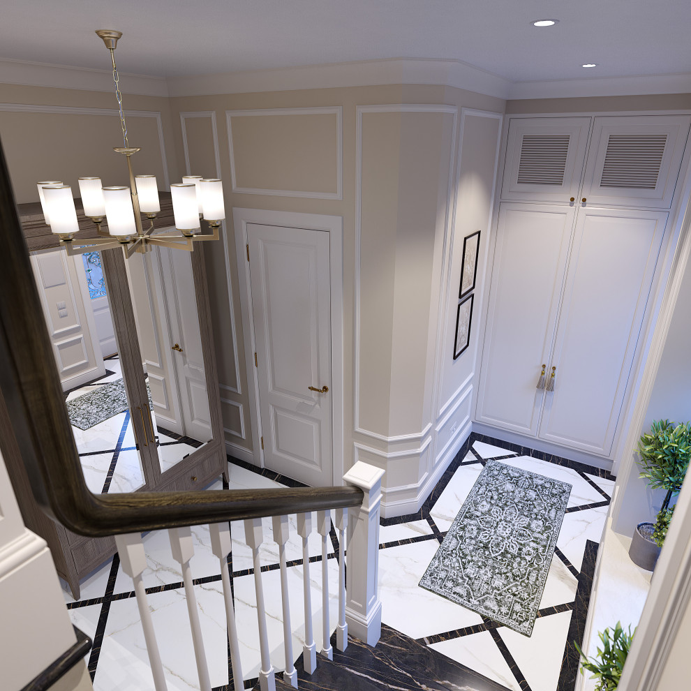 Design ideas for a medium sized traditional foyer in Houston with beige walls, marble flooring, a single front door, a glass front door, multi-coloured floors and panelled walls.