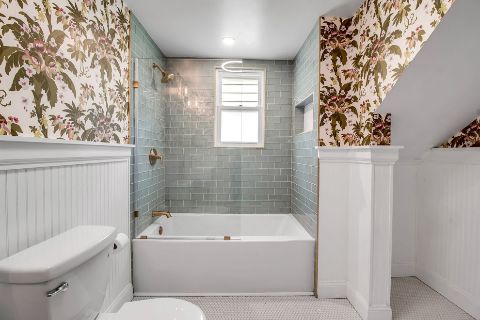 Large contemporary kids bathroom in New York with open cabinets, white cabinets, a corner tub, an alcove shower, a two-piece toilet, green tile, glass tile, green walls, porcelain floors, a console sink, solid surface benchtops, white floor, an open shower, white benchtops, a freestanding vanity, coffered and wallpaper.