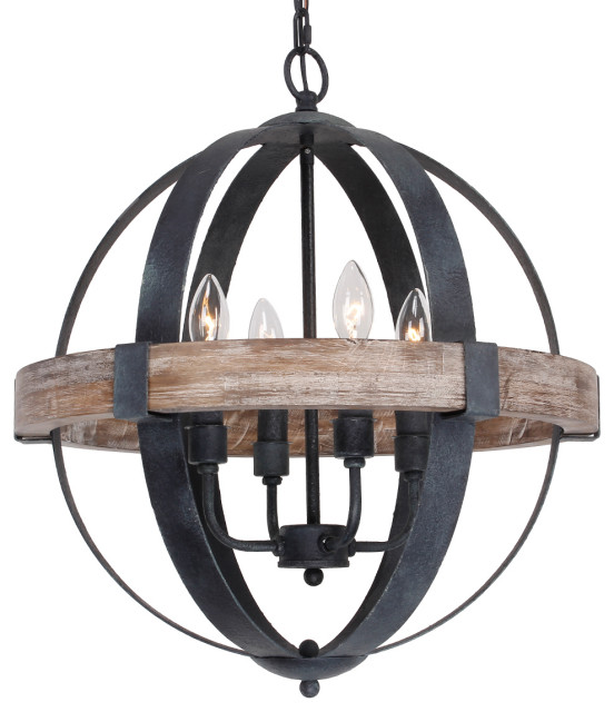 Farmhouse 4 Light Weathered Oak Wooden, Iron And Wood Orb Chandelier