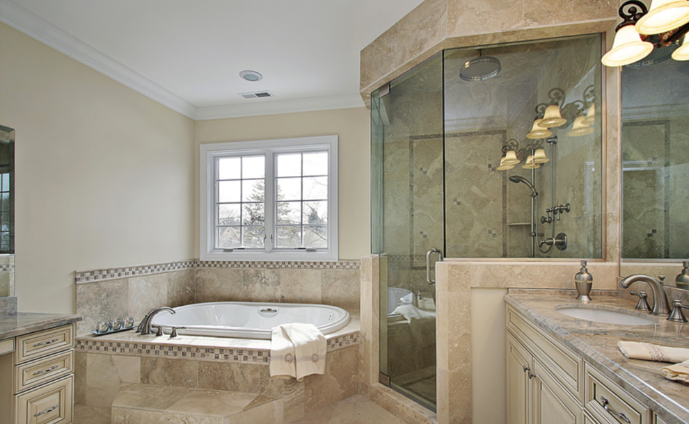 Small elegant master beige tile and ceramic tile ceramic tile and beige floor bathroom photo in Philadelphia with raised-panel cabinets, white cabinets, a two-piece toilet, white walls, an undermount sink, granite countertops and a hinged shower door