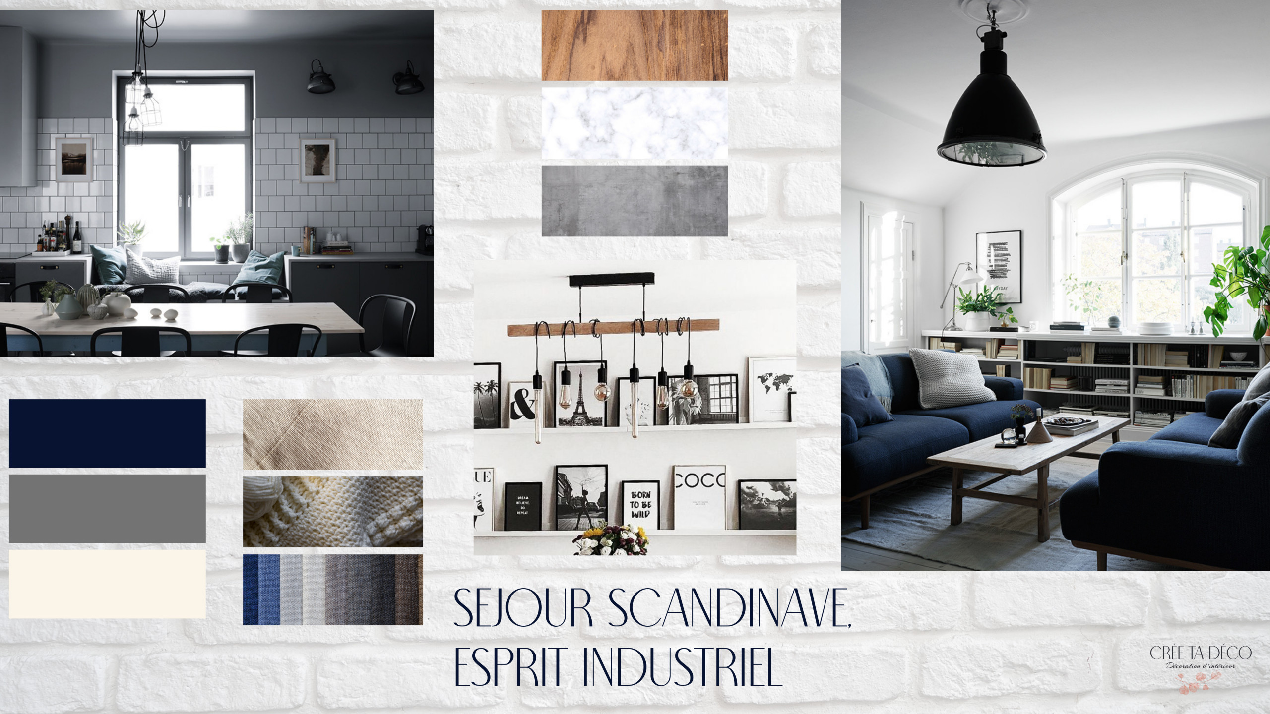 Moodboard séjour scandinave, esprit industriel