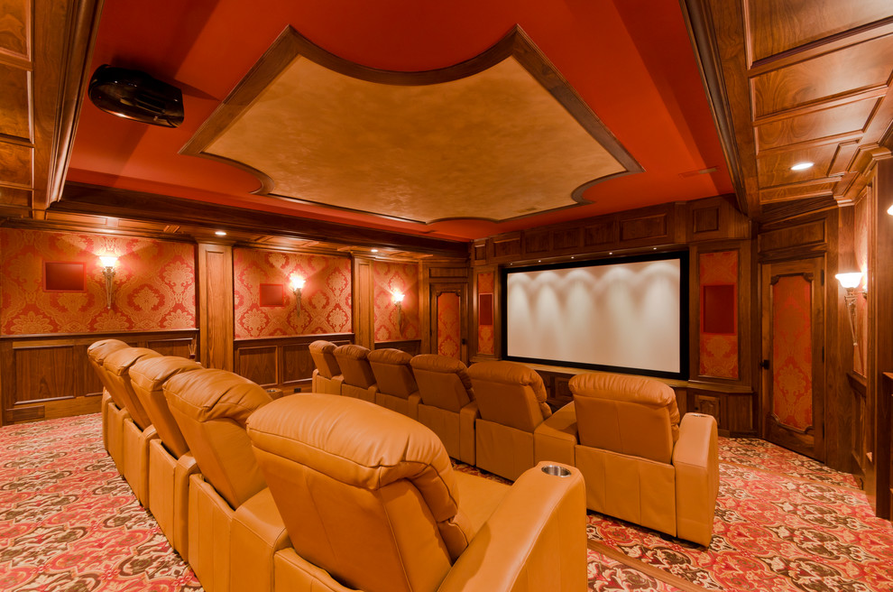 This is an example of a traditional home theatre in Other with a projector screen.