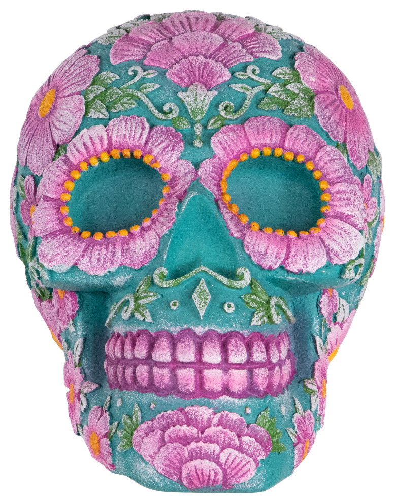 7.75" Blue and Pink Day of the Dead Skull Coin Bank