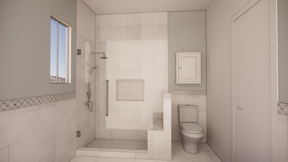 Пример оригинального дизайна: главная ванная комната среднего размера в классическом стиле с фасадами в стиле шейкер, серыми фасадами, раздельным унитазом, серой плиткой, керамогранитной плиткой, серыми стенами, полом из керамогранита, врезной раковиной, столешницей из искусственного кварца, белым полом, душем с распашными дверями, белой столешницей, сиденьем для душа, тумбой под одну раковину, встроенной тумбой и панелями на стенах