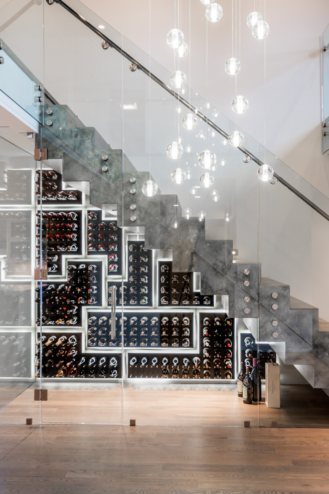 Photo of a contemporary wine cellar in Other with medium hardwood floors, storage racks and brown floor.