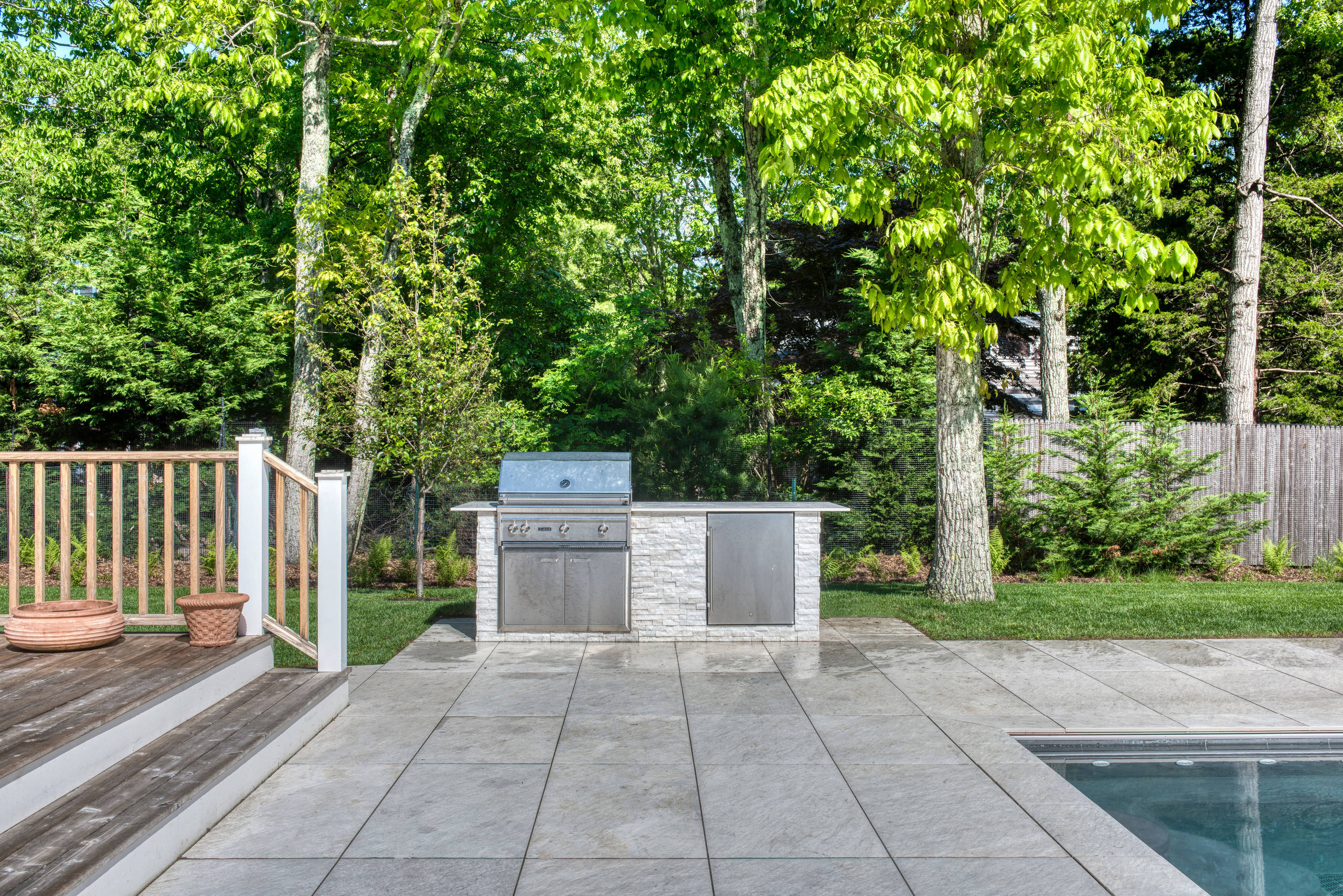 East Hampton House- Pool, , stone barbeque,deck and revegetated landscape border