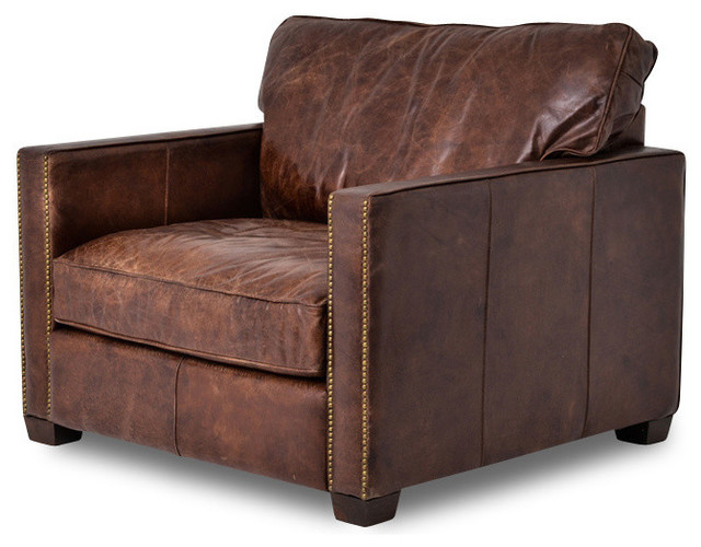 Top Grain Leather Club Chair With Nail Head Trim - Transitional