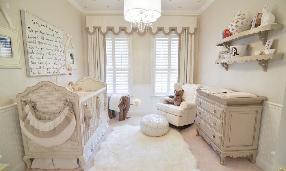 Winter Park, Florida - Soft, neutral, elegant baby nursery interior. Crib by #Restorationhardwarekids and changing table by #AFK furniture. Photography courtesy of Brent Tinsley.