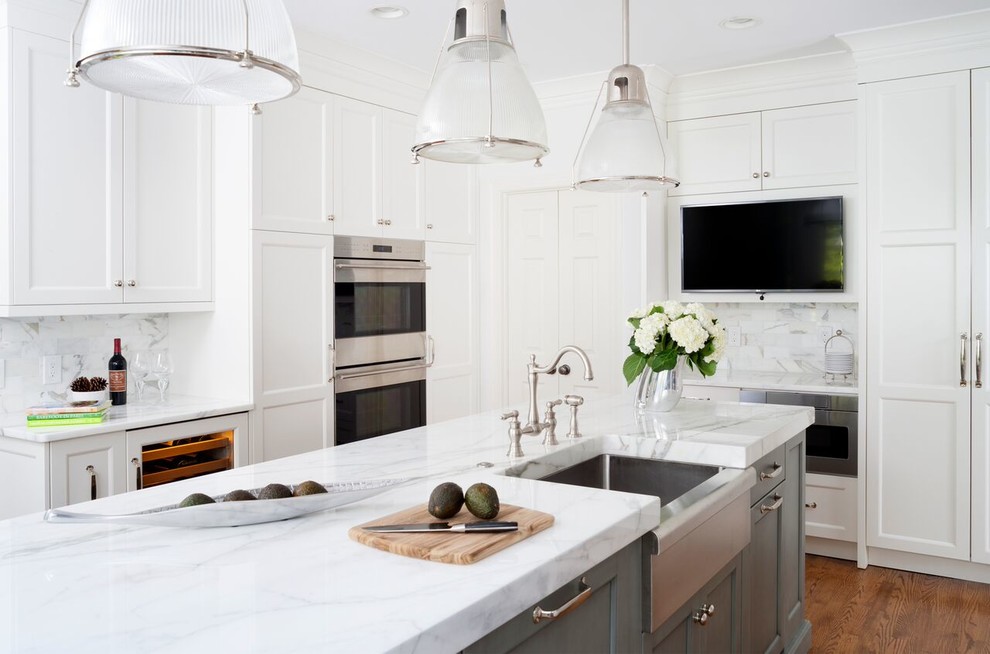 White Transitional Kitchen with Gray Island - Transitional - Kitchen ...
