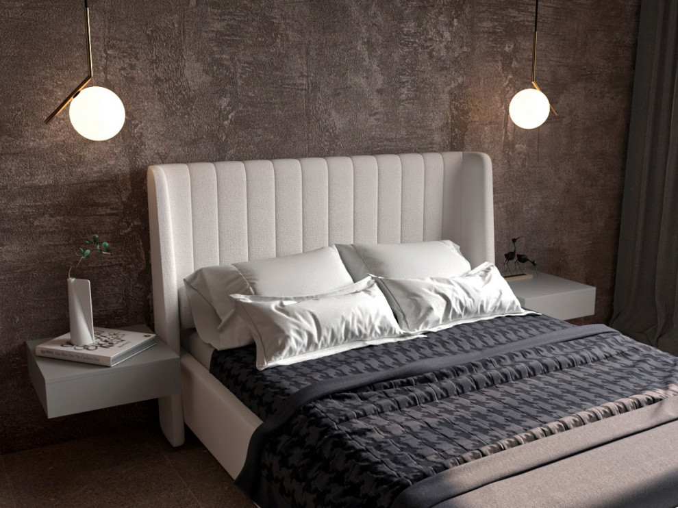 Стильная спальня с ванной за стеклянной перегородкой