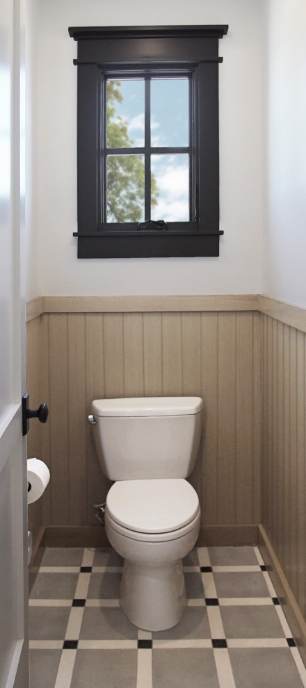 Design ideas for a large transitional powder room with furniture-like cabinets, beige cabinets, white tile, subway tile, white walls, cement tiles, an undermount sink, engineered quartz benchtops, multi-coloured floor, grey benchtops, a built-in vanity and wood walls.