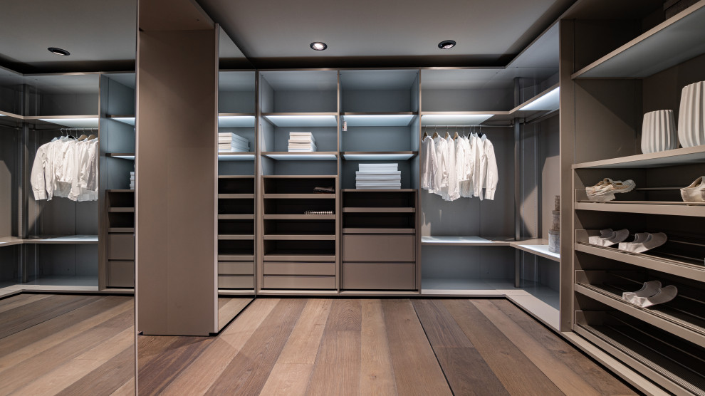 Inspiration for a contemporary dark wood floor closet remodel in Munich