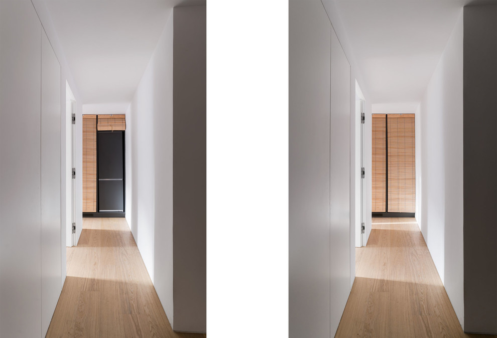 This is an example of a mid-sized scandinavian hallway in Valencia with white walls, medium hardwood floors and brown floor.