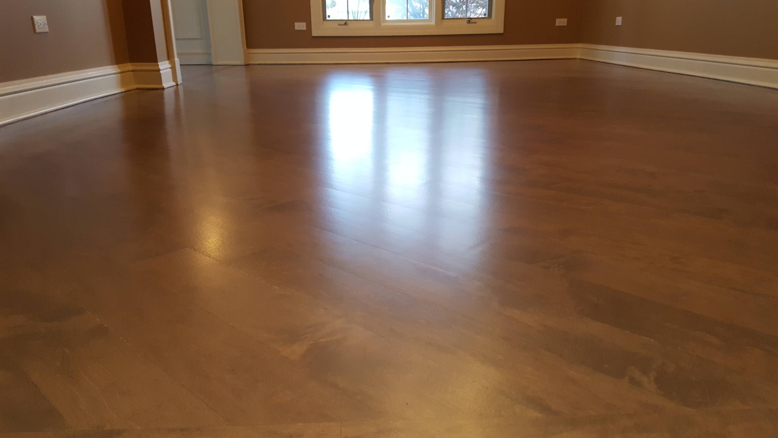 3 and 1/4 maple Classic Gray stain from Minwax , 4 coats satin water base finish