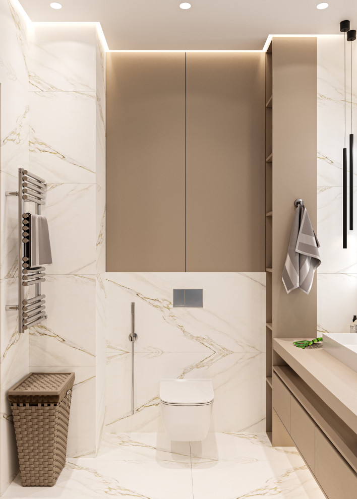 Inspiration for a traditional bathroom in Moscow with white cabinets, a submerged bath, a shower/bath combination, a wall mounted toilet, white tiles, porcelain tiles, white walls, porcelain flooring, a wall-mounted sink, engineered stone worktops, white floors, beige worktops, a single sink and a freestanding vanity unit.