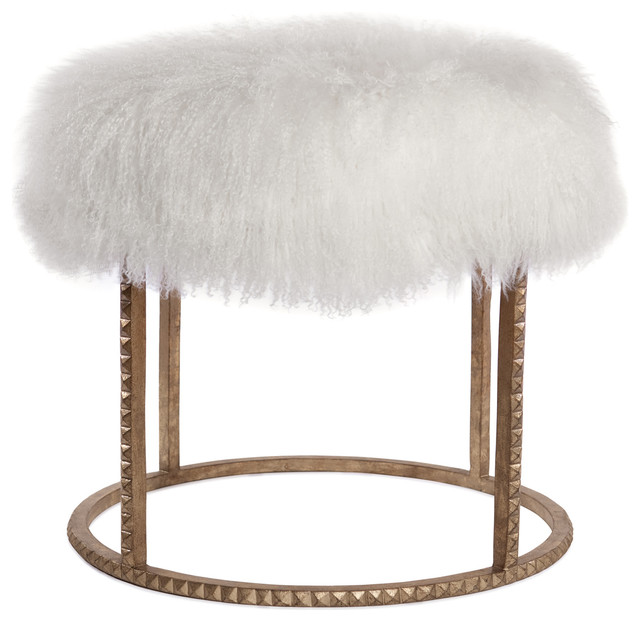Kathy Kuo Home Pom Pom Hollywood Regency White Lamb Gold Studded Pouf