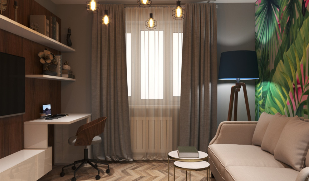 Дизайн небольшой гостиной с рабочим местом и авторскими яркими обоями