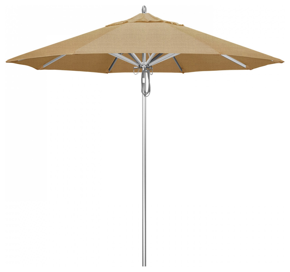 9' Patio Umbrella Silver Pole Deluxe Pulley Lift Sunbrella, Linen Sesame