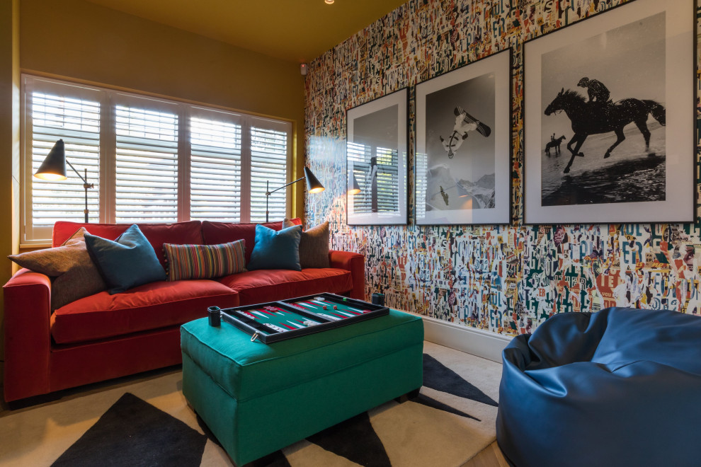 This is an example of a mid-sized contemporary enclosed living room in Other with a music area, multi-coloured walls, medium hardwood floors, a wall-mounted tv, brown floor and wallpaper.