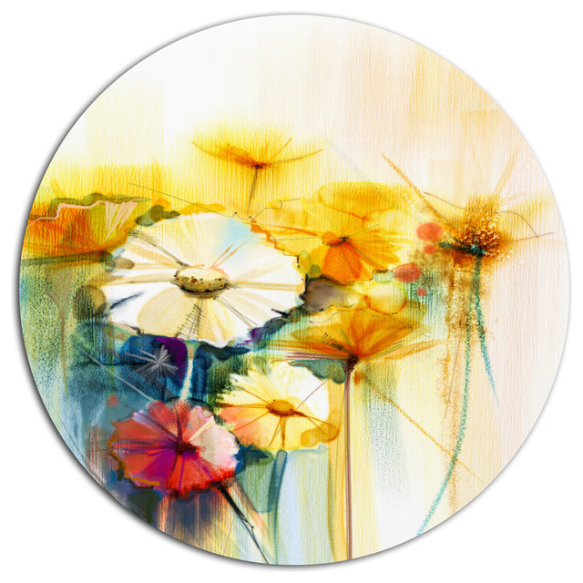 Bunch Of White Yellow Flowers, Modern Floral Disc Metal Wall Art