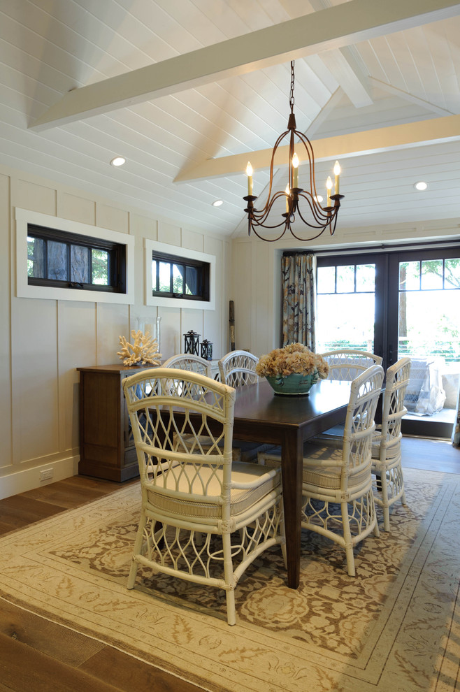 Photo of a beach style dining room in San Francisco with dark hardwood floors.