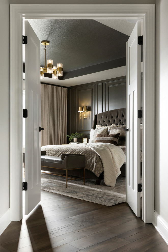 Inspiration for a mid-sized transitional master vinyl floor, brown floor, tray ceiling and wainscoting bedroom remodel in Minneapolis