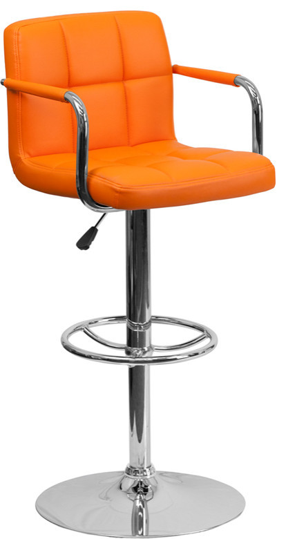 Orange Quilted Vinyl Adjustable Height Bar Stool with Arms & Chrome Base 